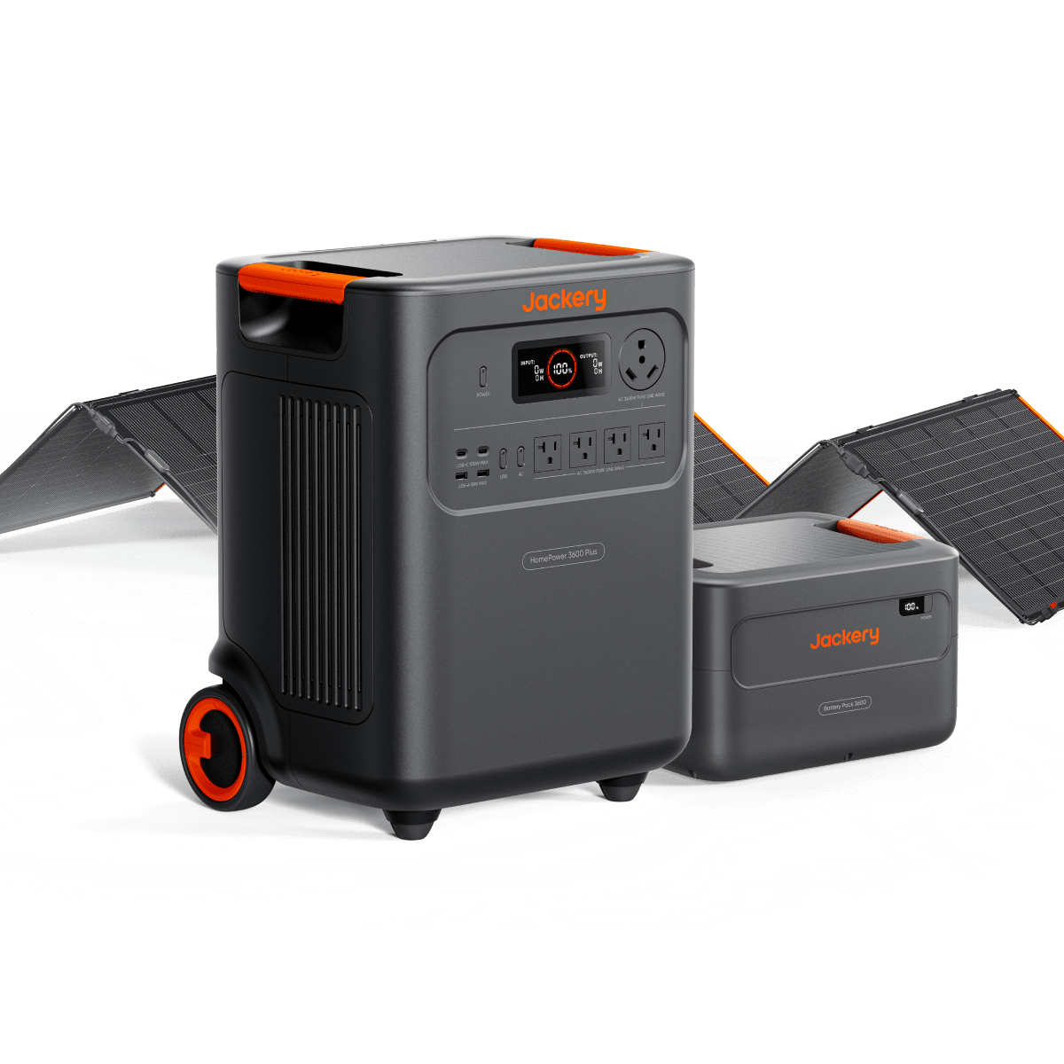 Jackery HomePower 3600 Plus solar generator with multiple ports and digital display, designed for portable solar power solutions.