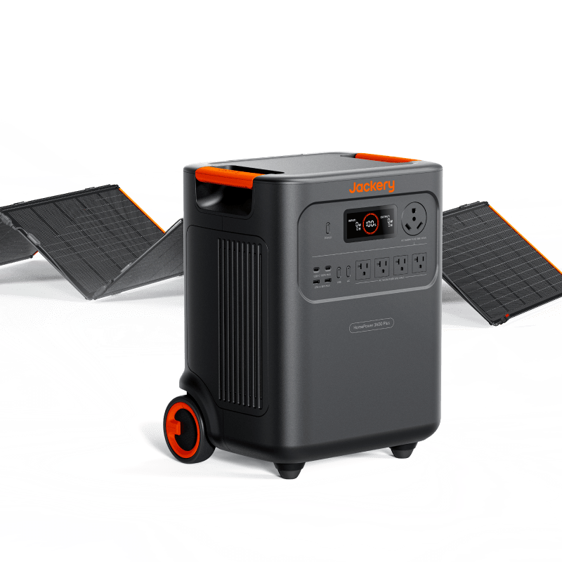 Jackery Solar Generator HomePower 3600 Plus with multiple outlets and solar panels for emergency power and outdoor use.