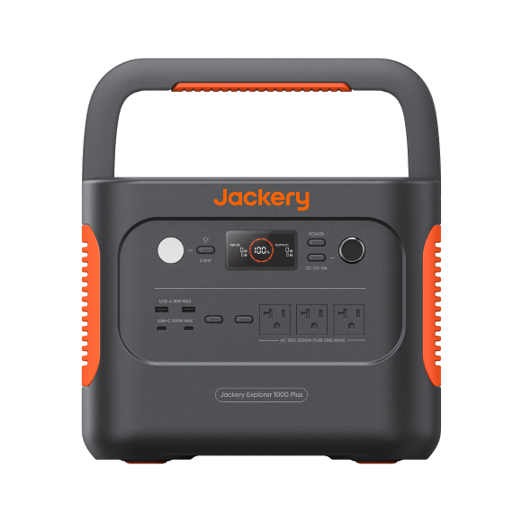 Refurbished Jackery Solar Generator 1000 Plus with multiple output ports and solar panels for portable off-grid power.