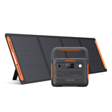 Jackery Explorer 1000 portable power station with solar generator, featuring multiple outlets and a compact design for outdoor use.