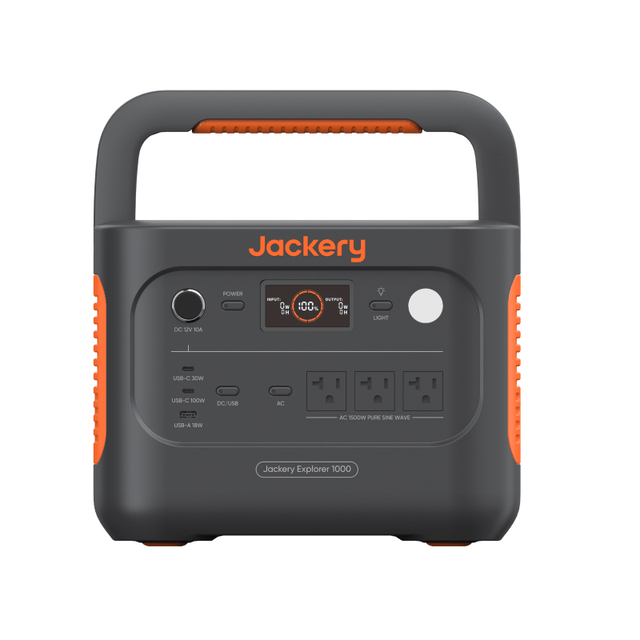Refurbished Jackery Explorer 1000 portable power station with solar generator, featuring multiple outlets and a compact design.