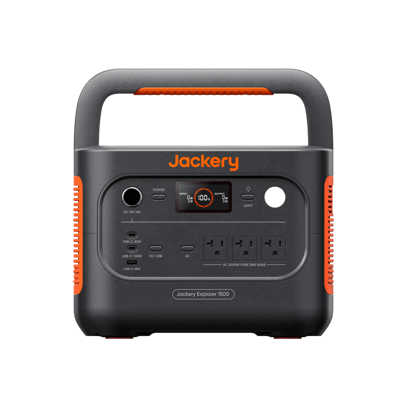 Jackery Solar Generator 1500 V2 with portable design and multiple output ports, set on a wooden surface outdoors.
