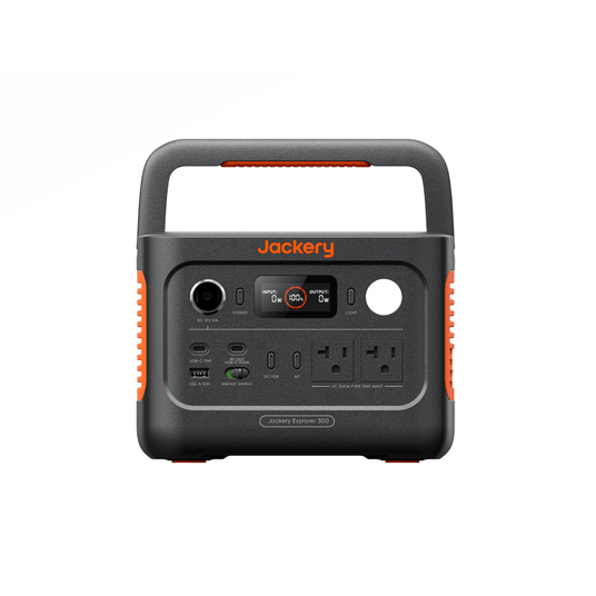 Jackery Explorer 300 portable power station with solar generator, showing compact design and multiple output ports.