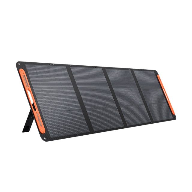 Jackery SolarSaga 200W solar panel displaying its portable design with multiple solar cells and connection ports.