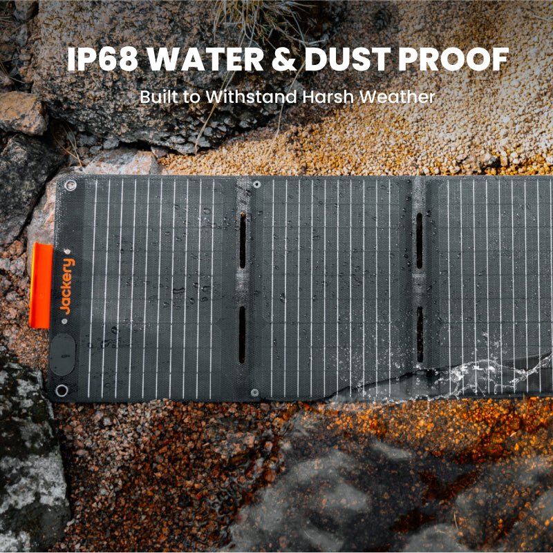 Jackery SolarSaga 40W Mini Solar Panel outdoors showing folded compact design with solar cells and port for charging devices.