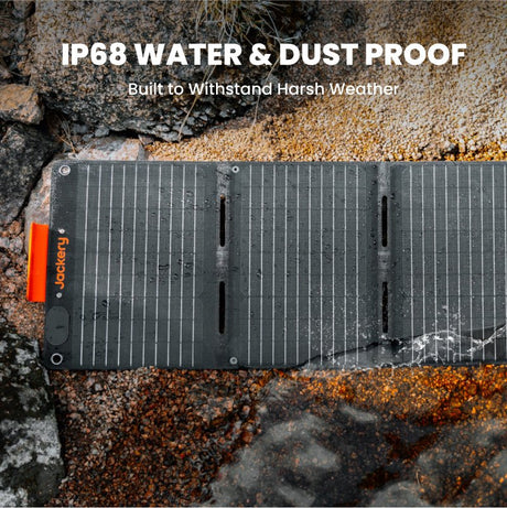 Jackery SolarSaga 40W Mini Solar Panel outdoors showing folded compact design with solar cells and port for charging devices.