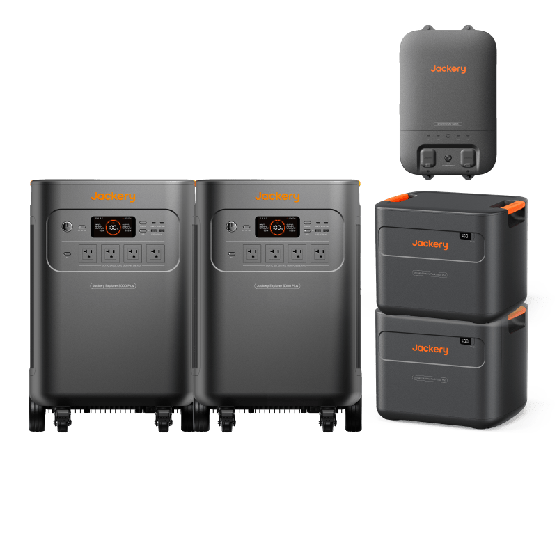 Jackery Explorer 5000 Plus portable backup power station with home energy storage kit and multiple outlets.
