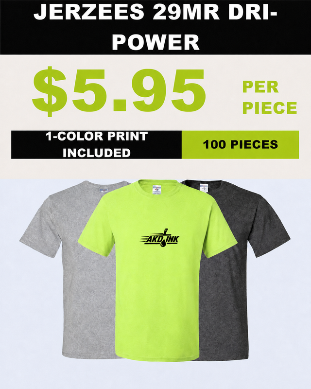 JERZEES 29MR DRI-POWER 100-piece printed T-shirt package - $5.95 per piece