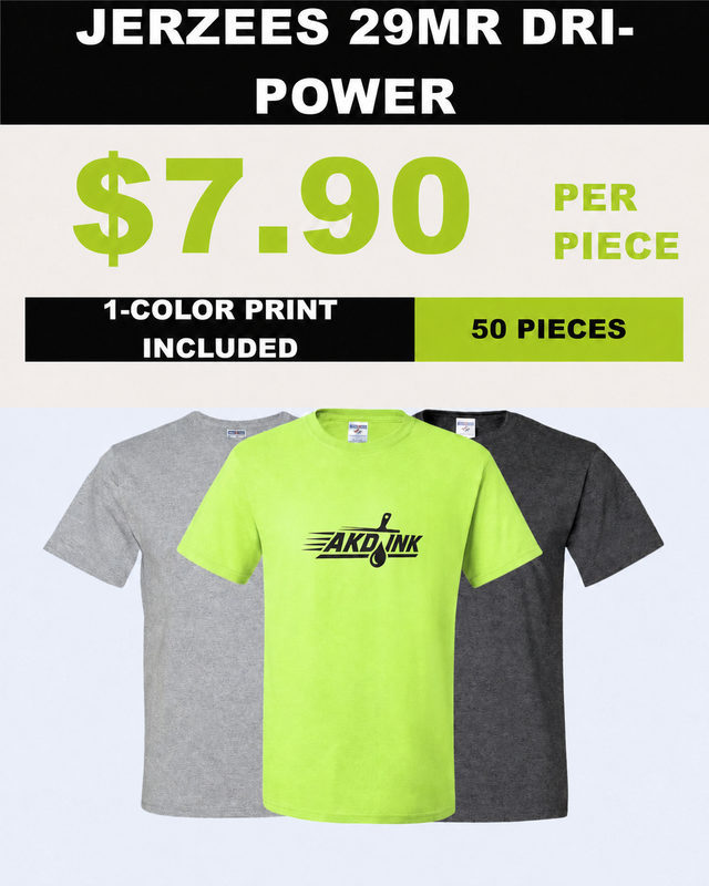 JERZEES 29MR DRI-POWER 50-piece printed T-shirt package - $7.90 per piece