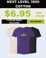 NEXT LEVEL 3600 COTTON 100-piece printed T-shirt package - $6.95 per piece
