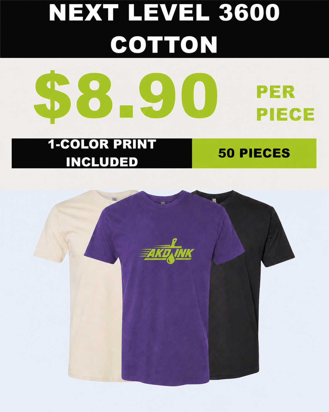NEXT LEVEL 3600 COTTON 50-piece printed T-shirt package - $8.90 per piece