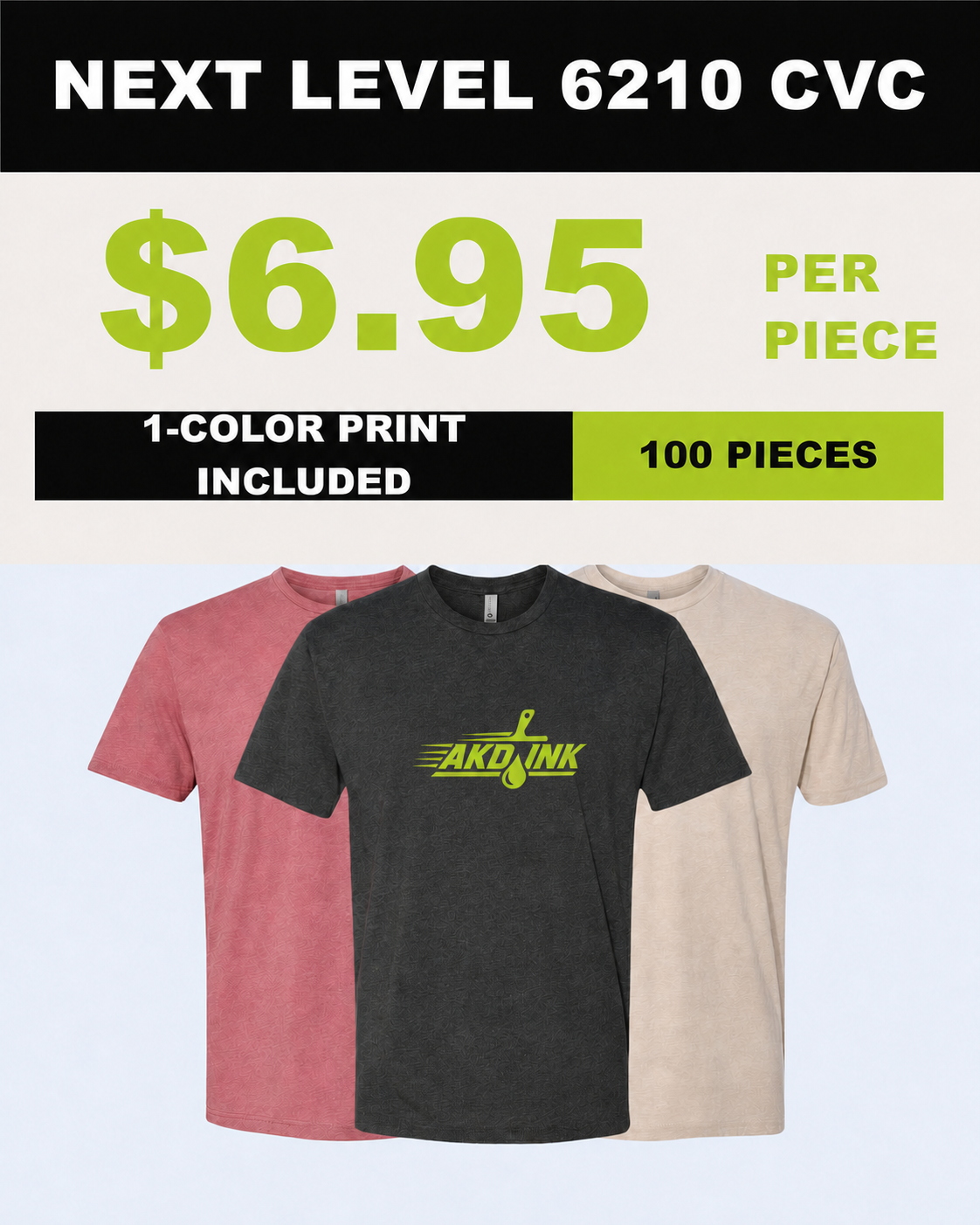 NEXT LEVEL 6210 CVC 100-piece printed T-shirt package - $6.95 per piece