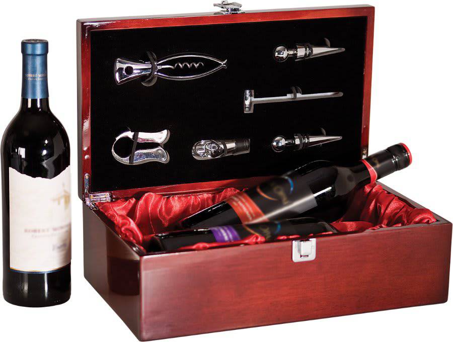 Rosewood Piano Finish Double Bottle Wine Box with Tools