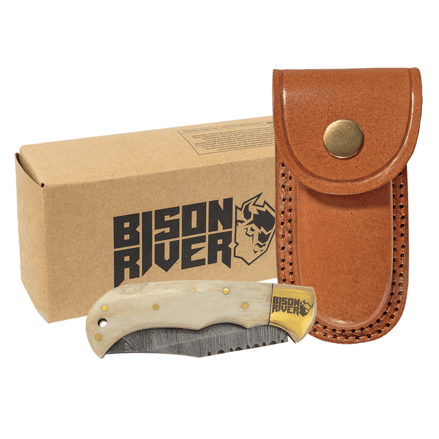 Bone Folding Knife With Damascus Steel Blade And Leather Sheath