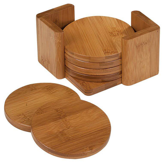 3 3/4" Bamboo Round 6-Coaster Set with Holder