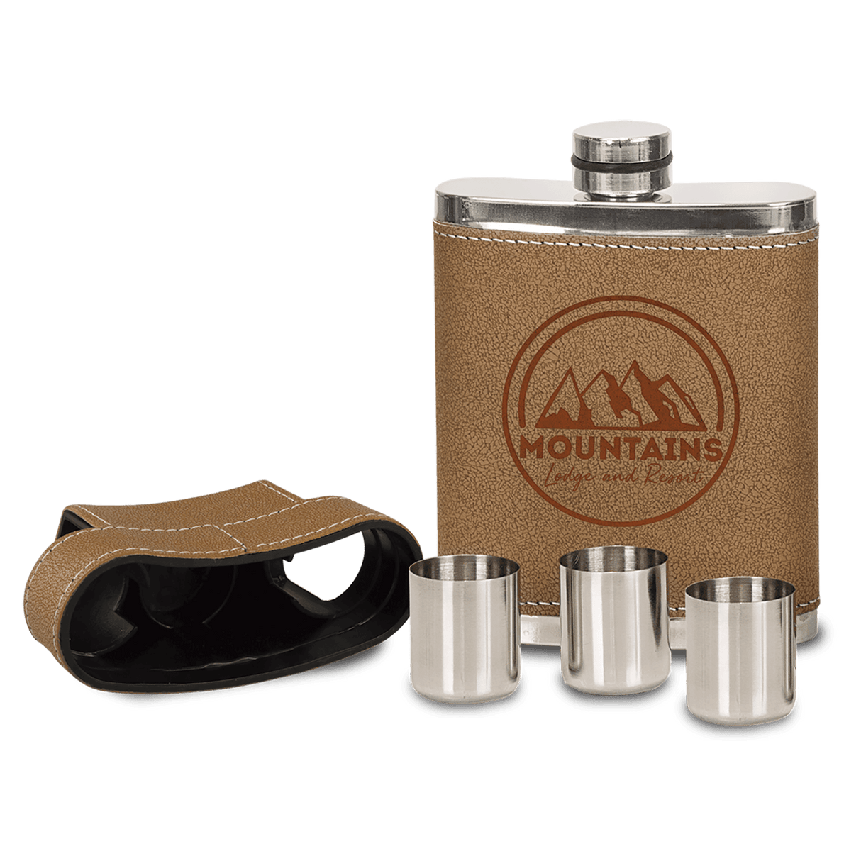 7 oz. Leather Flask with Lid & 3 Shot Glasses