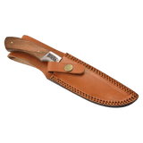 Fixed Blade Wood Handle Knife With Damascus Steel Blade And Leather Sheath