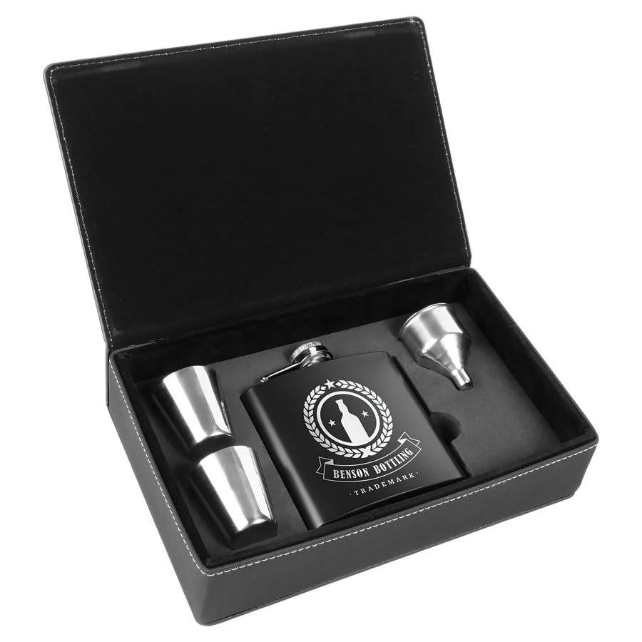 6 oz. Black Stainless Steel Flask Set in Black/Silver Box