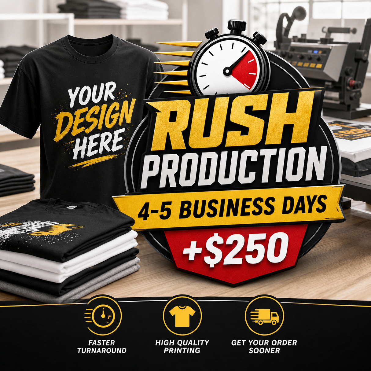 Rush production upgrade 4-5 business days add-on for custom T-shirt orders