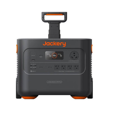 Jackery Solar Generator 2000 Plus with multiple outlets and solar panels for portable renewable energy backup.