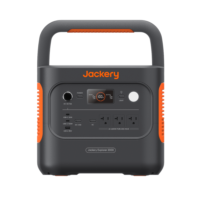 Jackery Explorer 2000 V2 portable power station with solar generator setup, showing its compact design and multiple output ports.