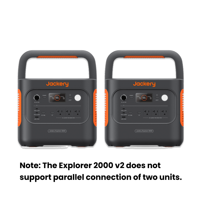 Jackery Explorer 2000 V2 portable power station with solar generator setup, showing multiple outlets and digital display.