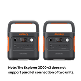 Jackery Explorer 2000 V2 portable power station with solar generator setup, showing multiple outlets and digital display.